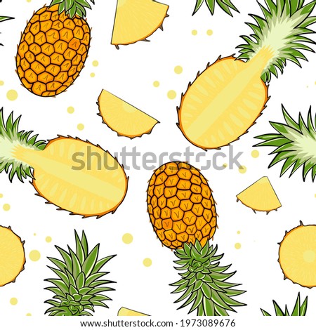 Seamless pattern with pineapples. Vector. Pattern with whole fruits, halves and pieces. Bright background with exotic fruits. Food pad for packaging and design.