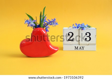 Calendar for May 23 : a bouquet in a heart-shaped vase with blue flowers and the number 23 on cubes, the name of the month of May in English, yellow background