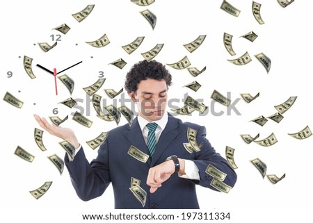 Businessman with clock on his palm concept surrounded by money, Time is money abstract concept, Man catching falling dollars looking at his stopwatch