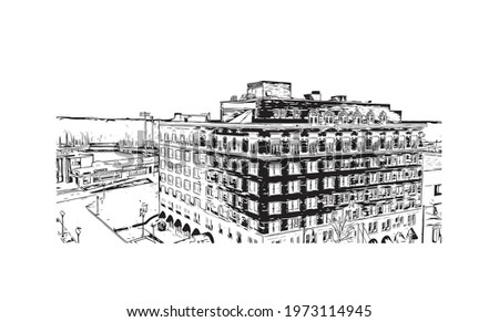 Building view with landmark of Fayetteville is a city in North Carolina. Hand drawn sketch illustration in vector.