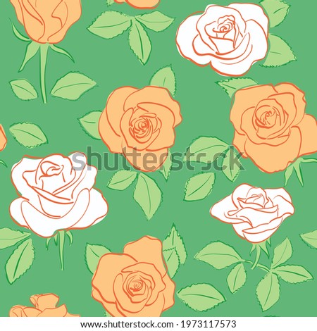 green seamless pattern with blooming roses and leaves - vector floral background