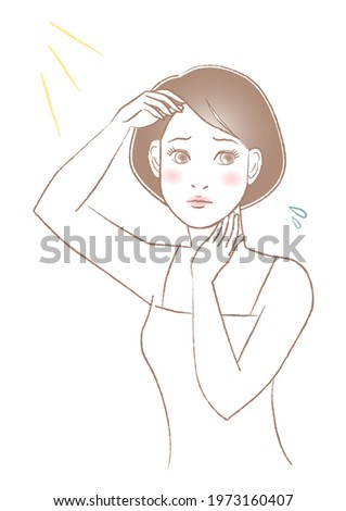 Women's beauty illustration. Protection from sunburn. Woman with a troubled face. White background. vector illustration.
