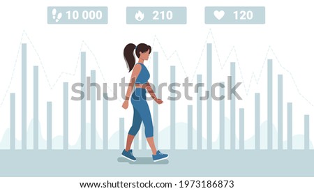 A girl walks along the road on the background of a pedometer graph . At the top are icons for counting steps, calorie consumption, and heart rate measurement.