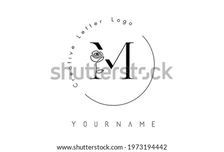Creative initial letter M logo with lettering circle and hand drawn rose. Floral element and elegant letter M. Vector illustration for natural, eco, jewelry, fashion, personal or corporate branding.