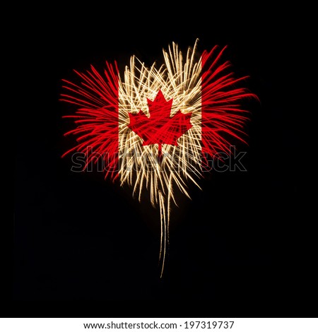 Fireworks in a heart shape with the Canada flag on a black background. Canada day. Welcome to Canada Royalty-Free Stock Photo #197319737