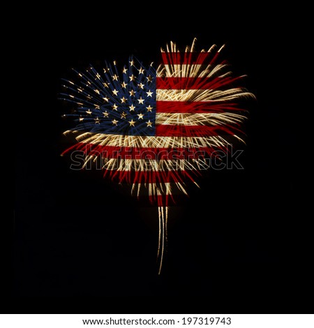 fireworks in a heart shape with the U.S. flag on a black background Royalty-Free Stock Photo #197319743