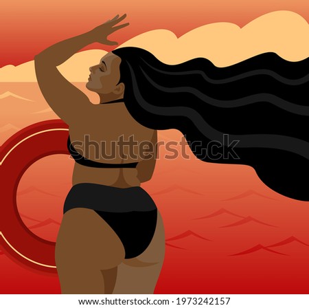 A plump girl stands on the seashore with a lifebuoy in her hands. The wind develops her black hair. Summer evening relaxation. Vector illustration.