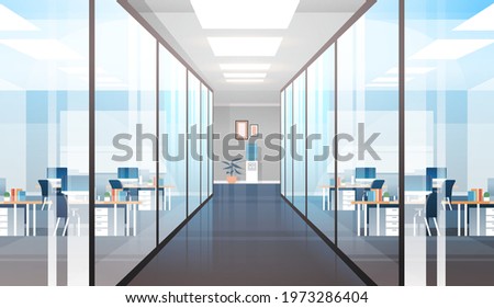 empty coworking area no people open space modern office interior horizontal Royalty-Free Stock Photo #1973286404