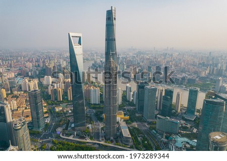 Aerial view of Lujiazui, the financial district in Shanghai, China, on a sunny day.