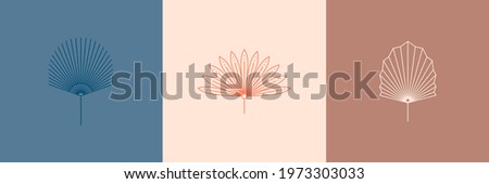 Set of Abstract Palm Leaves in a Trendy Minimal Linear Style. Vector Tropical Leaf Boho Emblem. Floral Illustration for create Logo, pattern, T-shirt Prints, Tattoo, Social Media Post and Stories Royalty-Free Stock Photo #1973303033