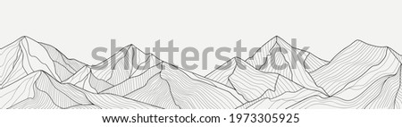 Black and white mountain line arts wallpaper, luxury landscape background design for cover, invitation background, packaging design, fabric, and print. Vector illustration. Royalty-Free Stock Photo #1973305925