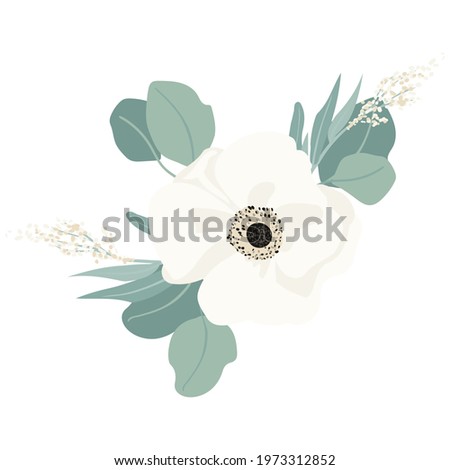 Bouquet of beautiful spring flowers. White flowers, leaves and branches. Flat isolated vector illustration.