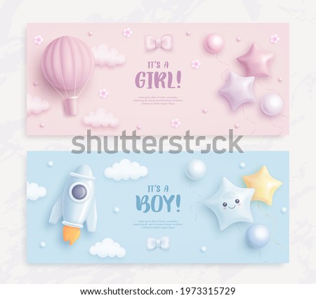 Set of baby shower invitation with cartoon hot air balloon, rocket, helium balloons and flowers on blue and pink background. It's a boy. It's a girl. Vector illustration Royalty-Free Stock Photo #1973315729