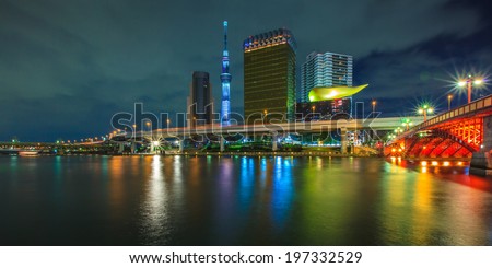  View of Tokyo skyline from Sumida river,in twilight