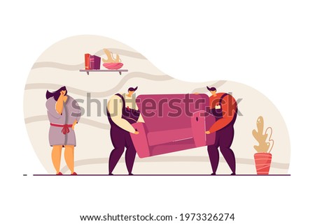 Two delivery men delivering sofa to customer flat vector illustration. Woman getting new couch, using mobile phone. Delivery service, relocation concept for banner, website design or landing web page