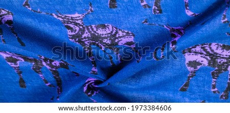 Blue cotton fabric with deer silhouette print, Modern decor, Textile art, Design, modern futuristic painting. Texture, background, pattern,