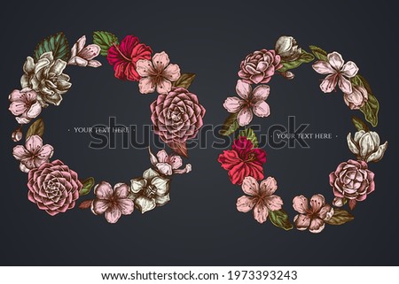 Dark Floral Wreath of hibiscus, plum flowers, peach flowers, sakura flowers, magnolia flowers, camellia japonica