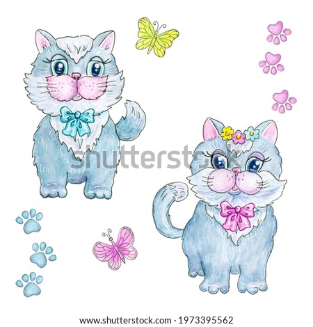 Cute kitten boy in bow tie and kitten girl with flowers. Card clipart is decorated with flying butterflies and traces of the paws of cat. Celebratory children's clipart with festively dressed kittens.