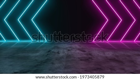 Blue and purple neon light on concrete cement floor and black background studio, Abstract high-tech, technology futuristic or entertainment feeling, Empty space in middle to place product or text.