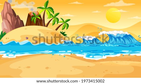 Tropical beach landscape scene at sunset time illustration