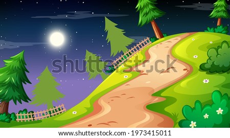 Blank nature park landscape at night scene with pathway through the meadow illustration