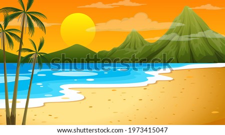 Beach at sunset time landscape scene with mountain background illustration