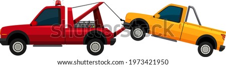 Tow truck pulling yellow car on white background illustration