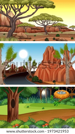 Different types of forest horizontal scenes illustration