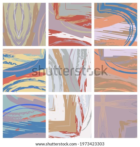 Abstract collage asymmetric pattern. Brush strokes grunge texture. Vector colorful ornament, patchwork quilt style. Digital freehand art backgrounds set for flyer, poster, cover, textile fabric print