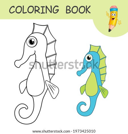 Coloring book with funny Sea Horse. Colorless and color samples ocean creature on coloring page for kids. Coloring design in cute cartoon style. Black contour silhouette with a sample for coloring.