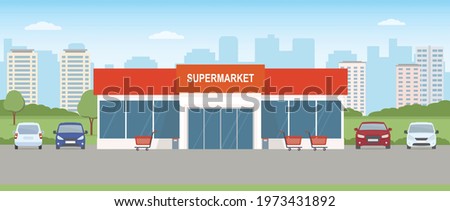 Supermarket building with parking lot. Urban landscape. Flat style, vector illustration.