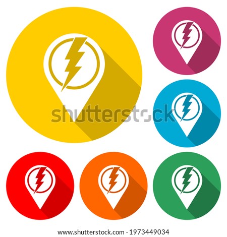 Location map pin and lightning icon with long shadow