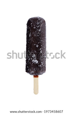 Chocolate ice cream lolly, chocolate glaze close-up with condensate and icing frost  on the white isolated background. Ice cream bar,summer hot day. Cold yummy ice cream .Ice lolly concept background.