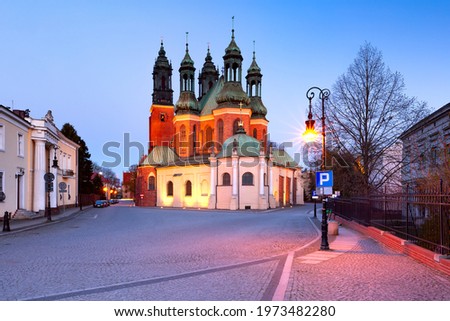 Eastern side of Poznan Cathedral during morning blue hour, Poznan, Poland.