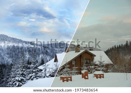 Photo before and after retouch, collage. Wooden cottage near snowy forest outdoors on winter day