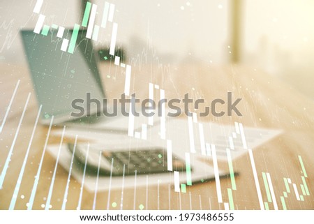 Multi exposure of abstract virtual financial graph hologram on calculator and laptop background, forex and investment concept