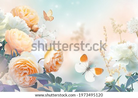 Beautiful delicate floral composition with yellow orange roses, white peonies and fluttering butterflies. Greeting holiday card with flowers in gentle light pastel colors.