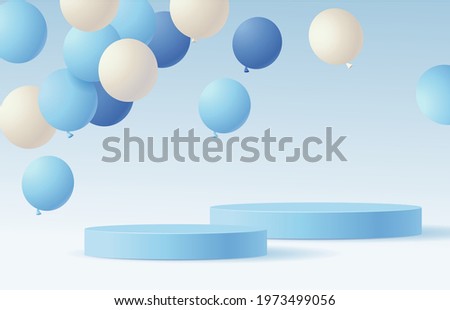 Fathers day holiday design template. Festive background with blue and white flying balloon and empty blue round podium. Vector stock illustration.	