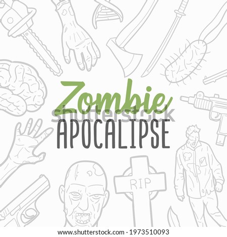 Zombie Doodle Banner Icon. Apocalypse Vector Illustration Hand Drawn Art. Line Symbols Sketch Background.