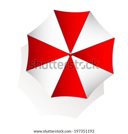 Top view of red and white beach umbrella on white background