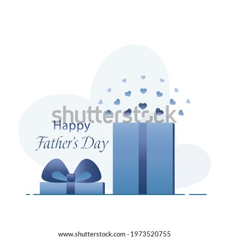 Happy Father's Day concept in blue. Open gift box with flying out confetti hearts. Vector illustration. 