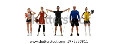 Collage of different professional sportsmen, fit people in action and motion isolated on white background. Flyer. Concept of sport, achievements, competition, championship. Volleyball, basketball