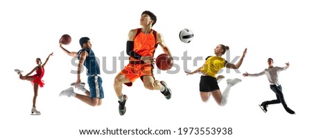 Collage of different professional sportsmen, fit people in action and motion isolated on white background. Flyer. Concept of sport, achievements, competition, championship. Volleyball, basketball