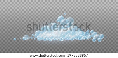 Realistic blue foam soap with bubbles of soapy water. Design elements for washing powder, shampoo, skin cosmetics.
Isolated on a transparent background.