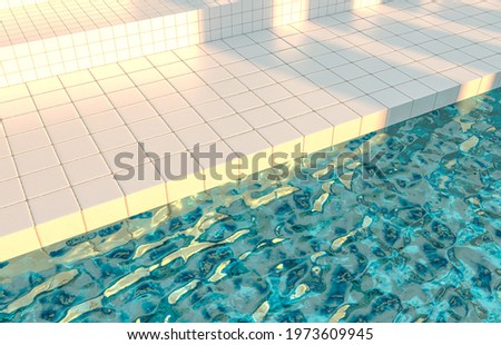 Summer pool scene background with white tiles stairs. 3d rendering.