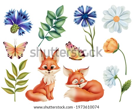 Set of illustrations of little red fox, spring flowers and leaves