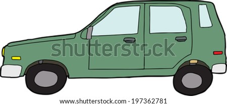 Hand drawn green cartoon car on isolated white background