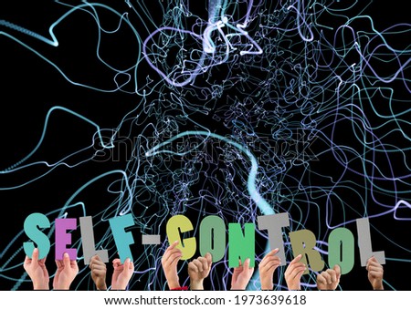 Composition of self control text in multi coloured letters held by people with green light trails. motivation and encouragement concept digitally generated image.