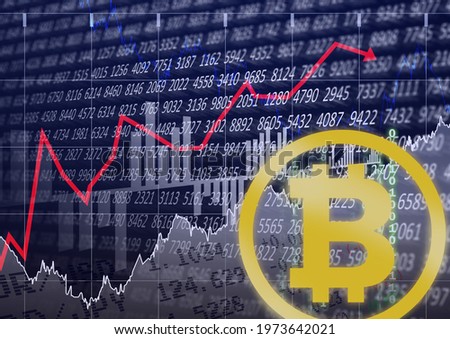 Bitcoin over stock market data and graphs processing, economy and cryptocurrency concepts. digitally generated image
