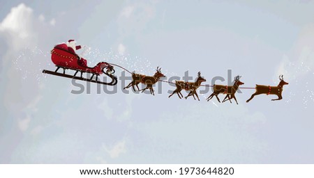 Composition of santa claus in sleigh pulled by reindeer on clouds background. christmas tradition and festivity concept digitally generated image.